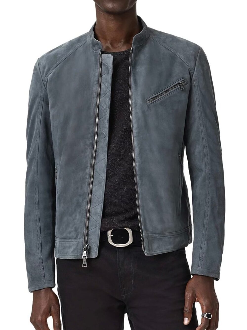 John Varvatos Collection Men's Wren Suede Biker Jacket Zip Pockets Deep Charcoal